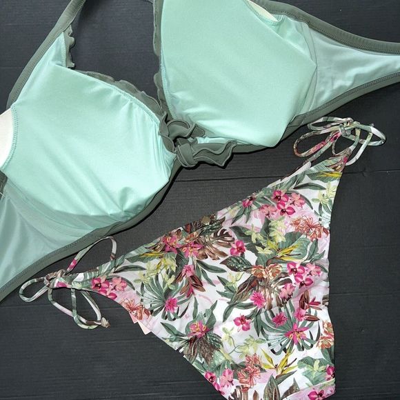 Victoria's Secret 36DD BIKINI M,XXL bottom OLIVE GREEN BLACK pink PALM orchid - Picture 5 of 5